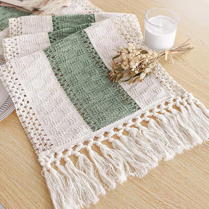 FEXIA Sage Green Table Runner 72 Inches Long with Tassels Boho for Easter Home Decor Rustic Macrame Farmhouse Table Cover for Srping Party Bohemian Bridal Shower Dining Decorations(12x72 Inches)