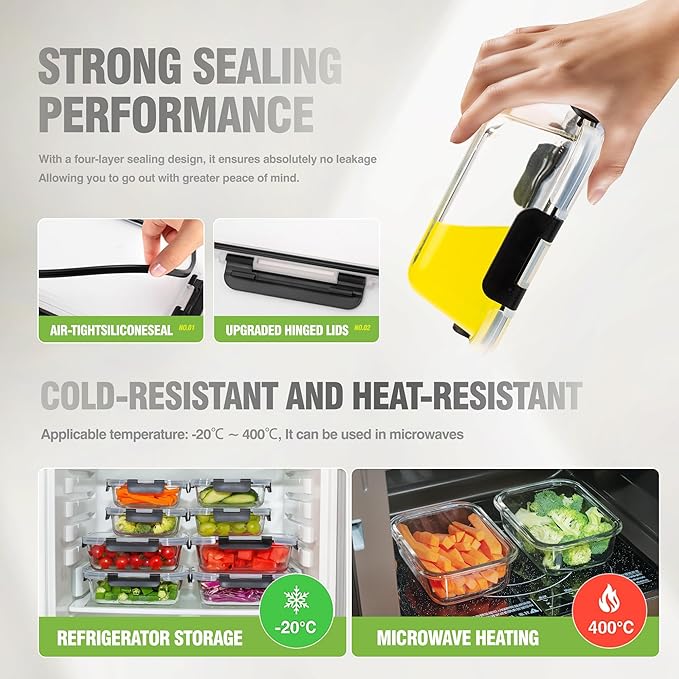 [10-Pack Glass Meal Prep Containers with Lids, Food Storage Containers with Snap Locking Lids, Airtight Lunch Containers, Microwave, Oven, Freezer and Dishwasher,Black