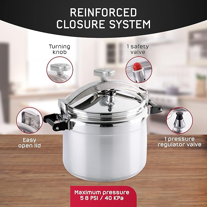 Universal (Large) 26-Quart Aluminum Pressure Cooker for Professional Use – Commercial-Grade, 1 Safety Valve, Reinforced Handles, Easy-Open Lid, – Ideal for Large Kitchens, and Restaurants