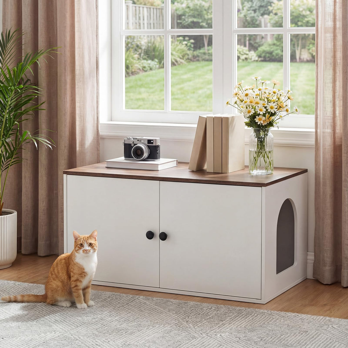 HOOBRO Cat Litter Box Enclosure, Hidden Litter Box Furniture with Side Entry, Litter Box Cabinet, Indoor Cat House, End Side Table, 31.5" L x 17.7" W x 16.3H, for Bathroom, White and Walnut WH40MW01