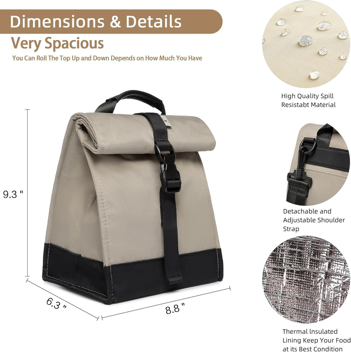 SUNNY BIRD Insulated Lunch Bag Rolltop Lunch Box Tote Bag for Women, Men, Adults and Teens (Grey and black)