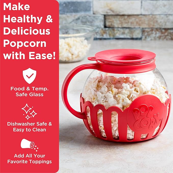 Ecolution Patented Micro-Pop Microwave Popcorn Popper with Temperature Safe Glass, 3-in-1 Lid Measures Kernels and Melts Butter, Made Without BPA, Dishwasher Safe, 3-Quart, Red