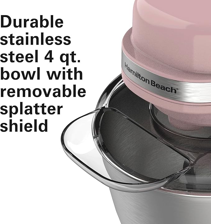 Hamilton Beach Electric Stand Mixer, 4 Quarts, Dough Hook, Flat Beater Attachments, Splash Guard 7 Speeds with Whisk, Rose