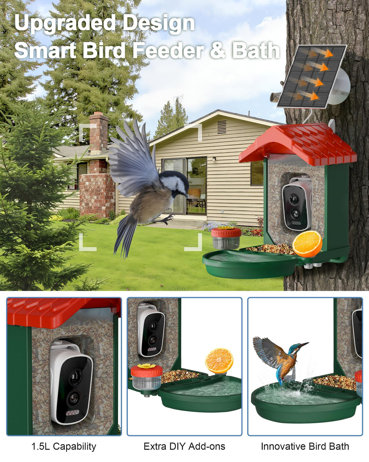 VISIOGEAR 2-in-1 Smart Wild Bird Feeder & Bath with 4K HD Camera, AI Identification Solar Bird Feeder Watching Camera Night Vision for Outdoor Birds Watching Gifts for Birdlover, Red & Green