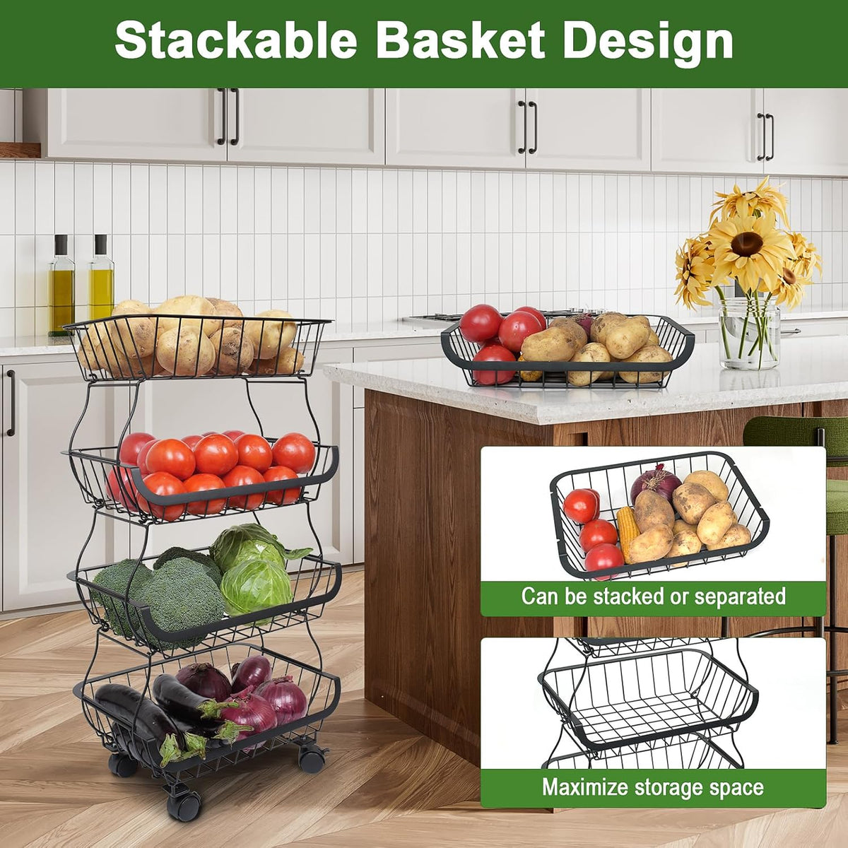 Fruit Vegetable Storage Basket, Kitchen Fruit Vegetable Storage Cart, 4 Tier Stackable Metal Wire Storage Baskets with Wheels, Produce Basket Organizer Bins for Pantry, Bathroom, Black