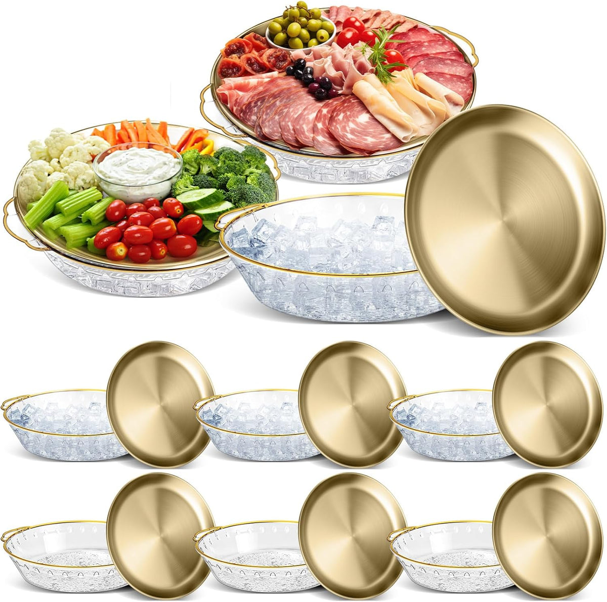 Baderke 9 Set 11.8" Chilled Serving Tray for Parties with Compartments Ice Chilled Party Platter Charcuterie Serving Board Cold Dish Dip for Fruit Seafood Vegetable Shrimp Cocktail (Gold)