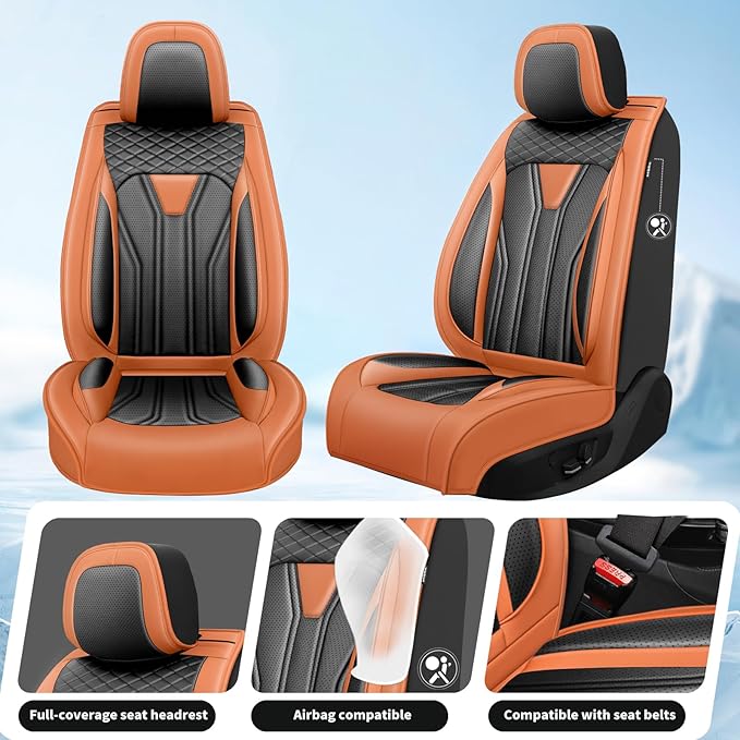 Fit Versa Car Seat Covers Compatible with Nissan Versa 2008-2025 2026 - Full Set Premium Leather， Waterproof Breathable， All-Weather Seat Cushion Protecto&Airbag Compatible （Orange&Black