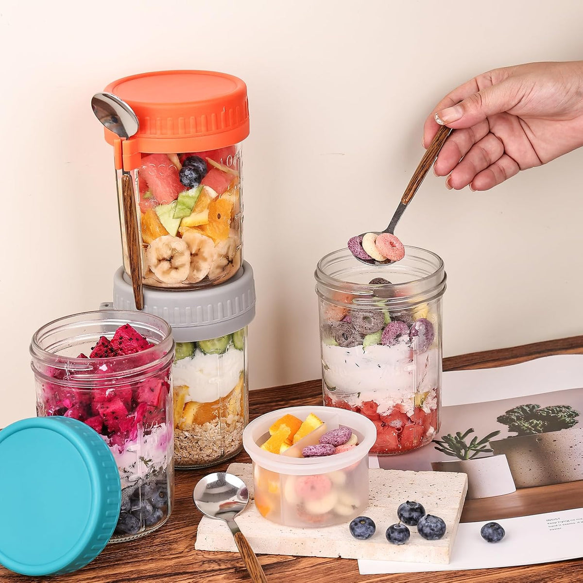 6 Pack Overnight Oats Containers with Lids and Spoons, 16 OZ Glass Mason Jars with Removable Separate Compartments, Airtight Leak Proof Oatmeal Container for Chia Pudding, Yogurt, Breakfast, Cereal