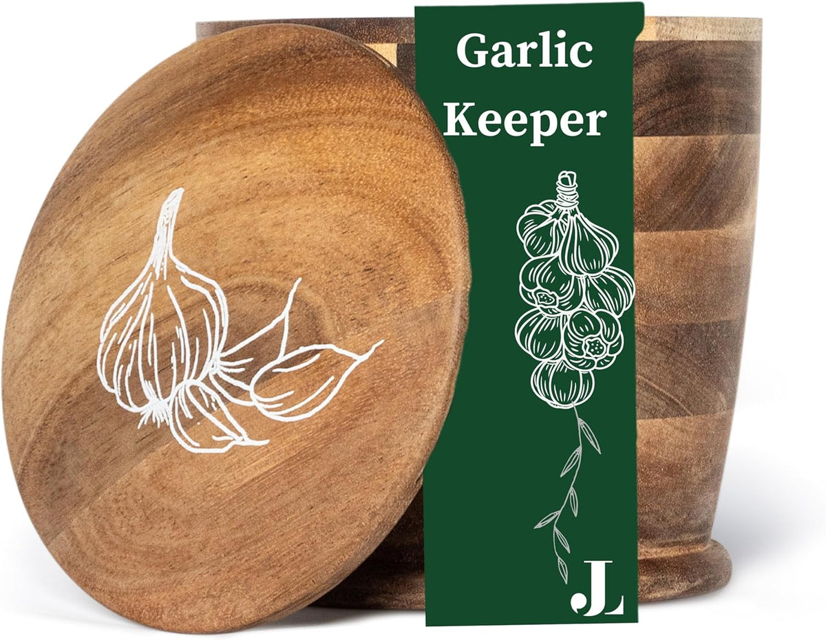 Introducing The Always Fresh Acacia Garlic Keeper For Counter. A Crafted & Large Garlic Storage Holder Jar. A Farmhouse Container Pot Saver.