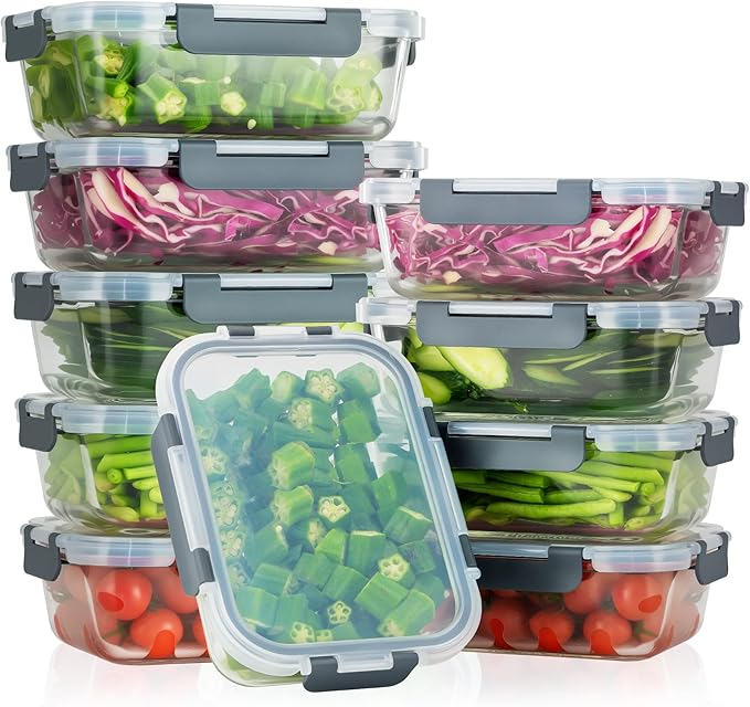 10-Pack Meal Prep Containers with Snap Locking Lids, Glass Airtight Lunch, Food Storage Containers, Microwave, Oven, Freezer and Dishwasher Friendly, Gray