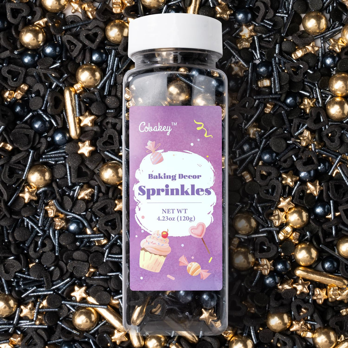 Black & Gold Star Sprinkles for Cake Decorating 4.23ounce - Sugar Mix Contains Gold Star & Pearl Sprinkles for Cupcake Toppers, Ice Cream, Candy, Cookie Decorations - Wedding Party Supplies