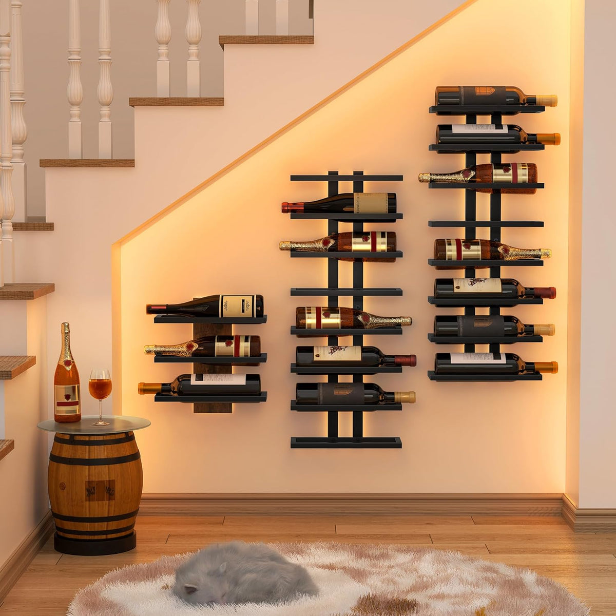 Hoctieon 2-Set 8 Tier Wall Mount Wine Rack (16 Tiers), Wall Racks for Wine Bottles Display and Storage, Hanging Bottle Organizer for Living Room, Dining Room, Wine Cellar, Bar, Black