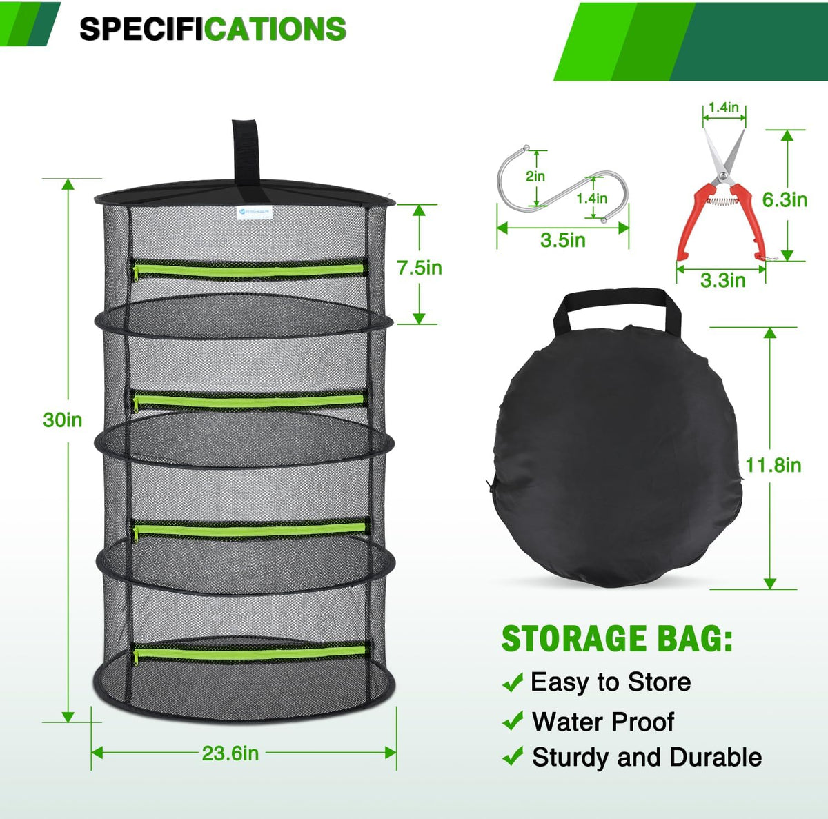 Yesker 4 Layer Herb Drying Rack Hanging Mesh Net Foldable Plant Drying Racks 24" w Green Zipper Pruning Shears Hook Dryer Hanging Rack for Herbs Seed Bud Fruit Clothes Grow Tent Closets Garden Outdoor