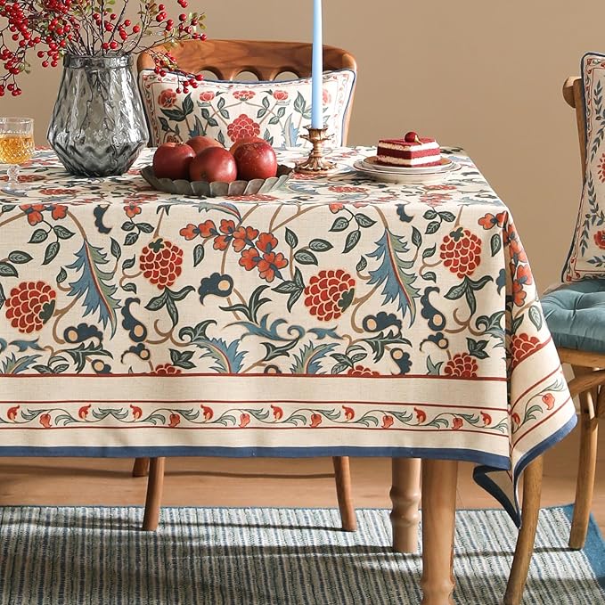 patdrea Designer Vintage Linen Tablecloth for Rectangle Table,French Soft Durable Floral Tablecloths,Colorful Table Cover for Kitchen Dining,Parties,Christmas,Thanksgiving,Party,63"x87"-Puno