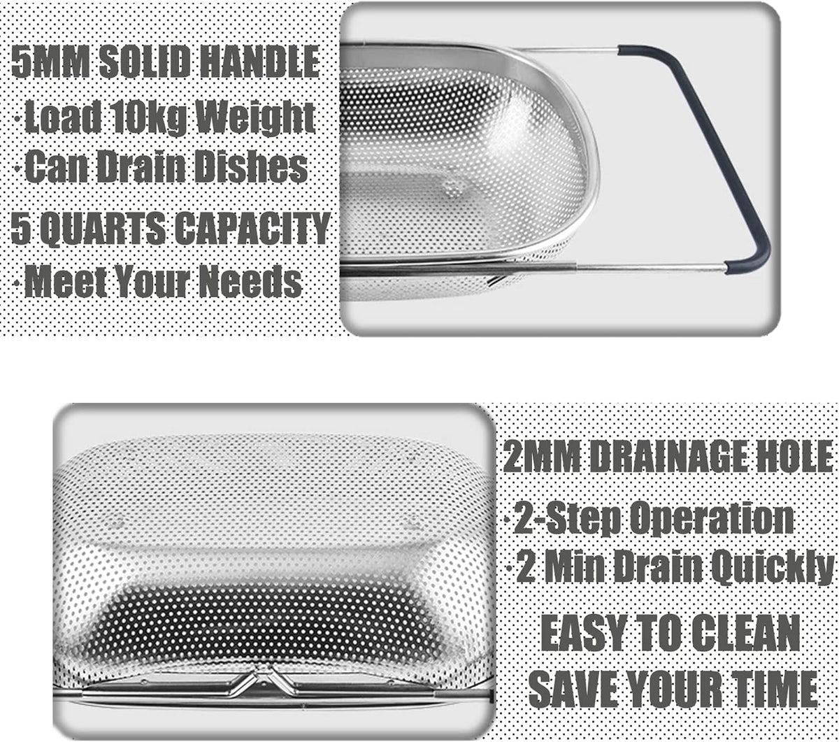 Over The Sink Strainer Stainless Steel Colander 5 Quart Basket with Expandable Rubber Grip Handles for Kitchen Sink - Strain, Drain, Rinse Fruits, Vegetables, Pasta, New Home Essentials