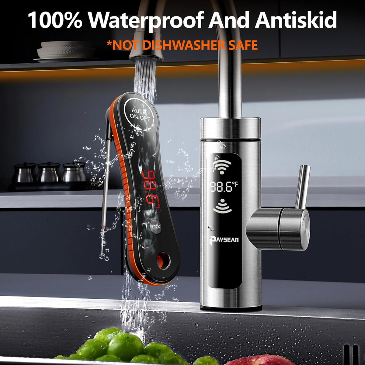 Digital Meat Thermometer, Paysean 0.5 Sec Instant Read ±0.5℉ with Auto-Rotating Backlit Display, IP67 Waterproof and Calibration for Cooking, Candy, Grilling, BBQ, Liquid, Smoker, Beef