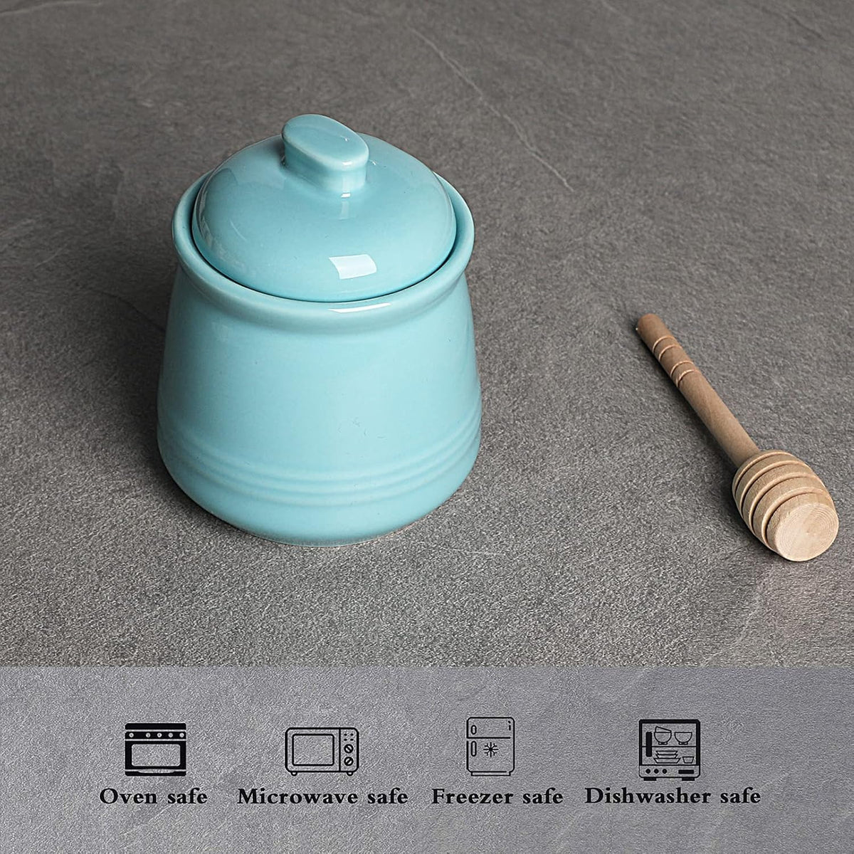 LEETOYI Porcelain Honey Jar with Lid and Honey Dipper,Ceramic Honey pot,12oz (Turquoise)
