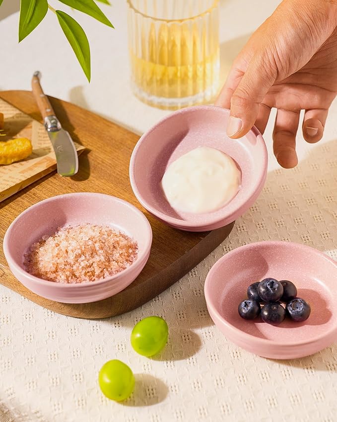 famiware Pluto Soy Sauce Dishes of 6, 3 oz Dipping Sauce Cups/Bowls/Dishes for Kitchen, Ceramic Small Bowls for Side Dish, Appetizers, Snacks, and Sushi, Reactive Glaze, Light Pink