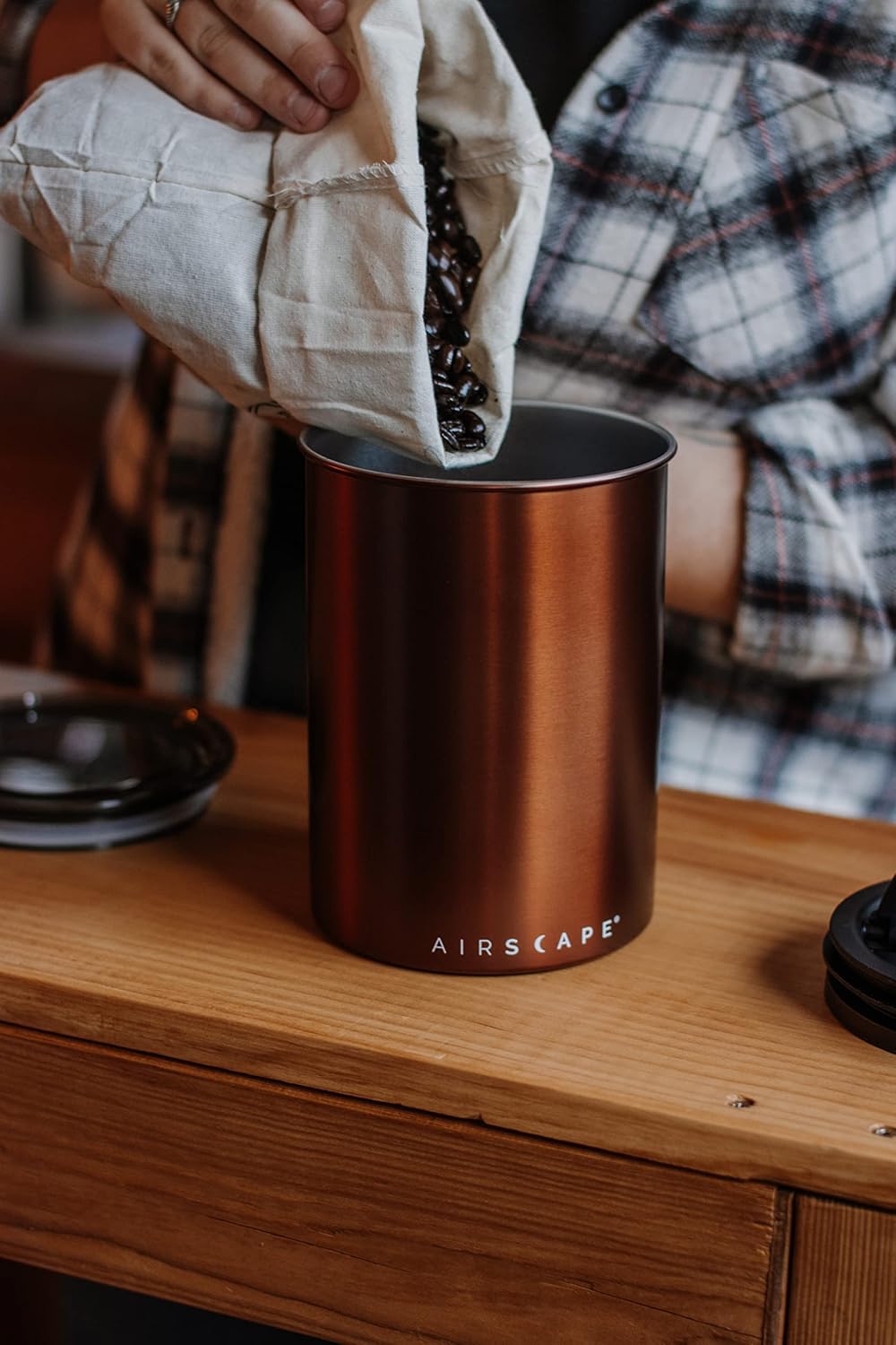 Planetary Design Airscape Stainless Steel Coffee Canister | Food Storage Container | US Patented Inner Plunger Lid REMOVES Excess Oxygen | Don't Buy airtight, Buy AIR-Less | (Medium, Brushed Copper)