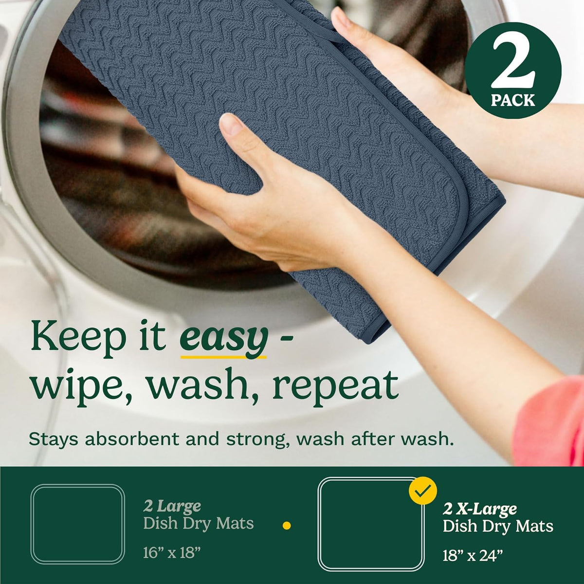 Cuisinart Dish Drying Mats for Kitchen Counter - (2) 18" x 24" Ultra Absorbent Dish Drying Mat XL - Foldable, Machine Washable, Fast Drying Dish Mat (Geostripe)