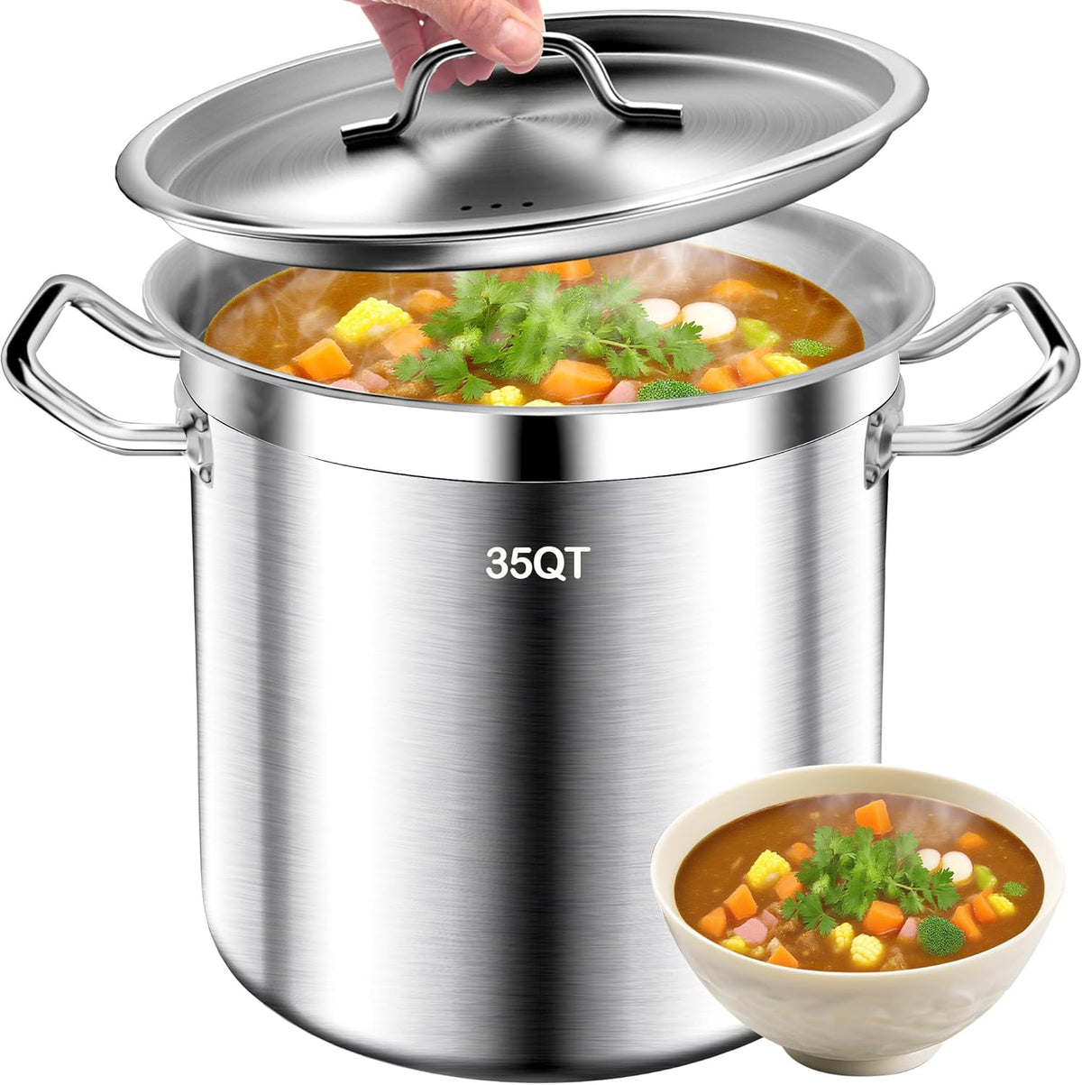 Large Stock Pot - 35Qt Brushed Stainless Steel Stock Pot With Lid - Heavy Duty Induction Commercial Grade Stockpots for Soup, Stew, Oven, Gas, Ceramic, and Dishwasher Safe