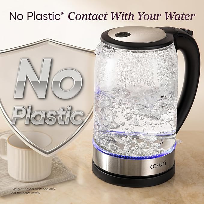 Cosori Electric Kettle, No Plastic Contact With Water, Wide Mouth For Easy Cleaning, Auto Shut Off, 1.7L Tea Kettle & Hot Water Boiler, Water Heater & Teapot, Borosilicate Glass, Black, 1500W