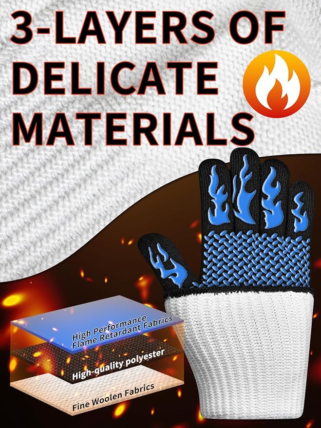 BBQ Oven Gloves, 1472℉ 3-Layers Heat Resistant Oven Mitts Silicone Non-Slip Cooking Gloves for Barbecue, Grilling, Baking, Welding, Smoker (A Pair) (Blue)