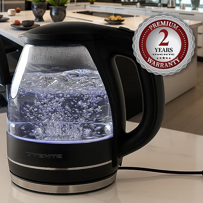 OVENTE Electric Kettle, 1.5L Borosilicate Glass Countertop Water Heater and Boiler for Coffee or Tea, BPA-Free, Auto Shut-Off, Boil-Dry Protection, Removable and Washable Spout Filter, Black KG83B