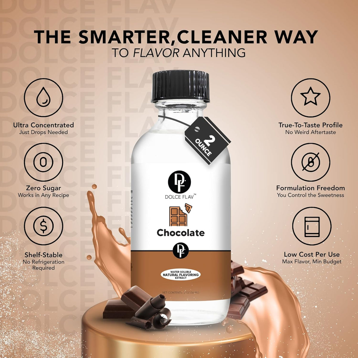 Dolce Flav Natural Chocolate Extract – Sugar-Free & Kosher – Pure Cocoa Flavor for Baking, Coffee, Ice Cream, Smoothies & Desserts – Highly Concentrated – 2 oz