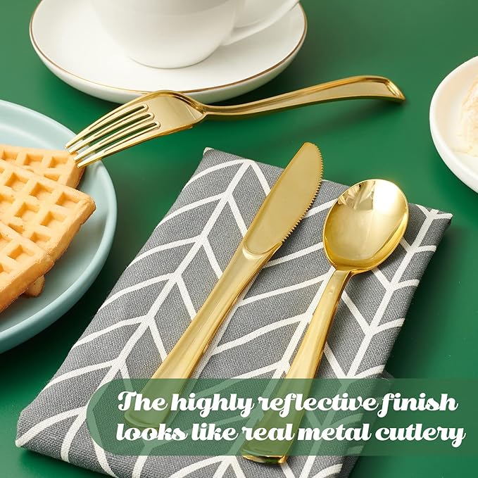 FOCUSLINE 300 Pack 6.8" Disposable Gold Plastic Spoons, Solid and Durable Plastic Cutlery Spoons, Heavy Duty Disposable Utensil Silverware for Catering, Parties, Dinners, Weddings