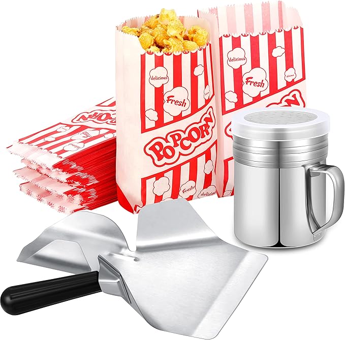 202 Pcs Popcorn Machine Supplies Set, Kernel Sifting Speed Scoop, Stainless Steel Seasoning Dredge with Handle, 200 Pcs Popcorn Bags Bundle for Home Kitchen Theater Movie Tools Supplies (1 Oz)