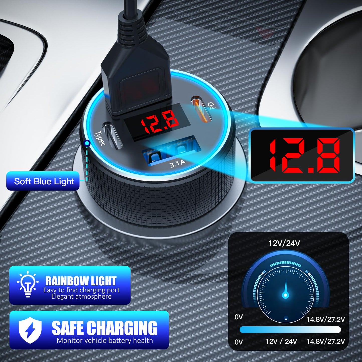 ANEXTIDE Car Charger USB C Fast Charging with 60W USB-C Cable, 78W 4 Port Metal USB Car Charger Adapter, PD QC3.0 Cigarette Lighter Adapter for iPhone 17 16 15 Pro Max, iPad, Samsung Galaxy, Android