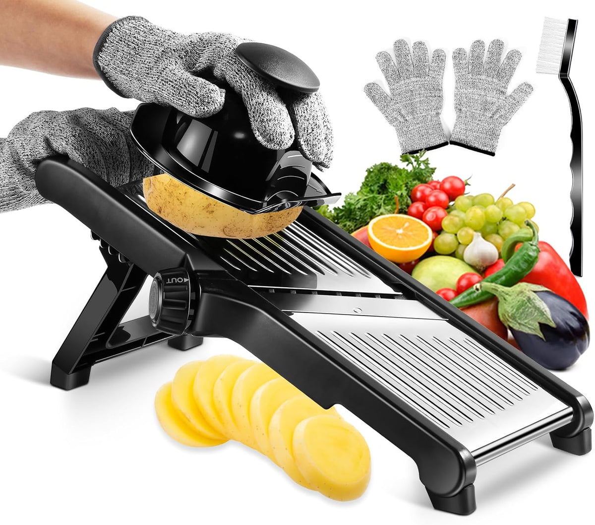 MASTERTOP Mandoline Slicer Adjustable Stainless Steel Food Slicer for Kitchen Vegetable Slicer Onion Potato Fruit French Fry Cutter Potato Chip Julienne Slicer with Cut Resistant Gloves