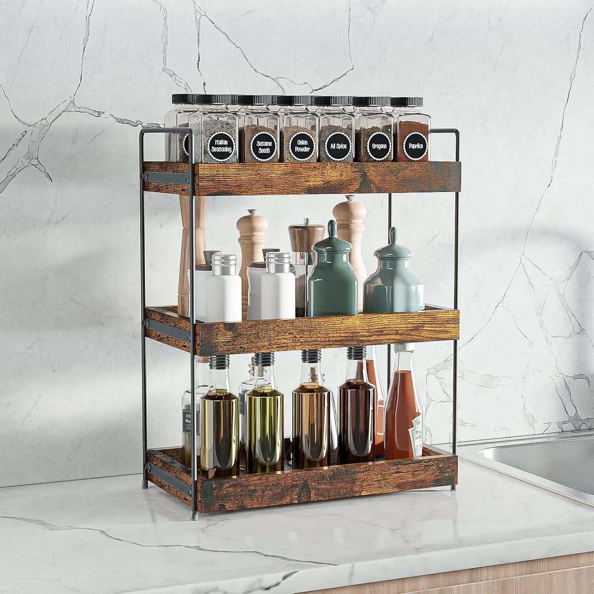Bathroom Counter Organizer, 3-Tier Wood Spice Rack Organizer for Kitchen Counter, Vanity Skincare Organizers Shelf for Bathroom Storage Organization, Rustic Brown