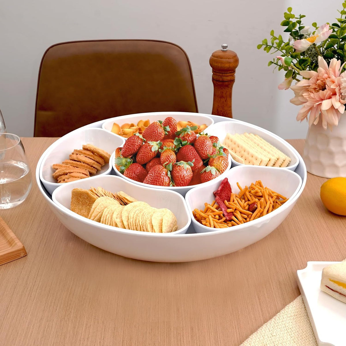TP Taco Bar Serving Set, Melamine Serving Platter with Lazy Susan, Serving Tray and Bowls, Taco Tuesday Kit Snack Holder for Party and Fiesta, White