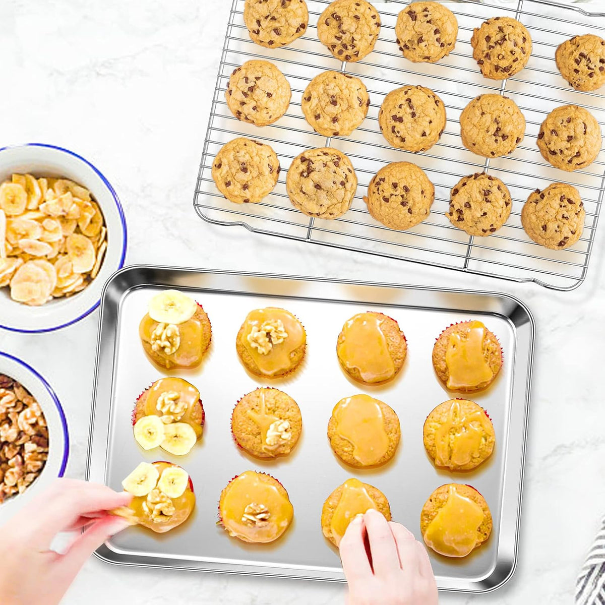 P&P CHEF 17.5 Inch Baking Sheet Pan with Rack Set, Stainless Steel Cookie Sheet Pan Tray with Cooling Rack for Oven Use, Cooking Roasting, Non Toxic & Dishwasher Safe, Heavy Duty