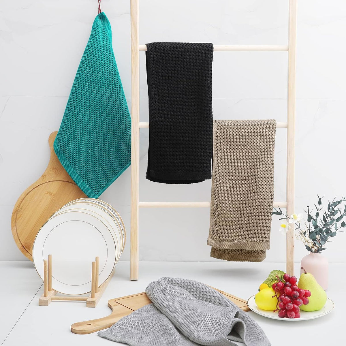 Homaxy 100% Cotton Waffle Weave Kitchen Dish Towels, Ultra Soft Absorbent Quick Drying Cleaning Towel, 13 x 28 Inches, 4-Pack, Tan