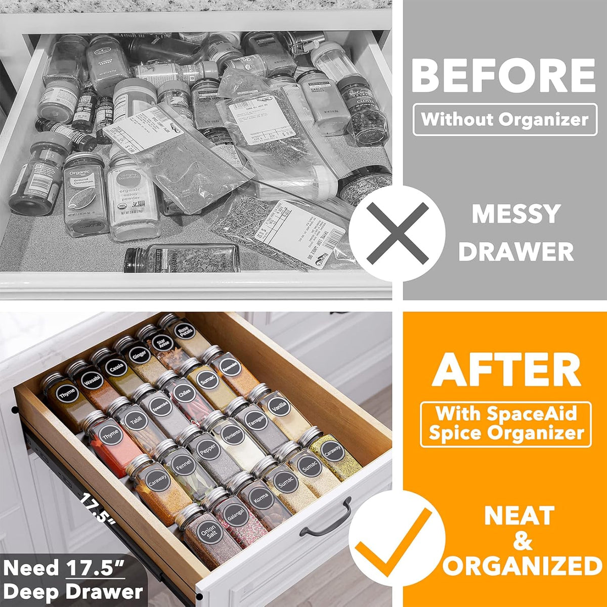 SpaceAid Spice Drawer Organizer with 24 Spice Jars, 386 Spice Labels, 4 Tier Seasoning Rack Tray Insert for Kitchen Drawers, 11.25" Wide x 17.5" Deep
