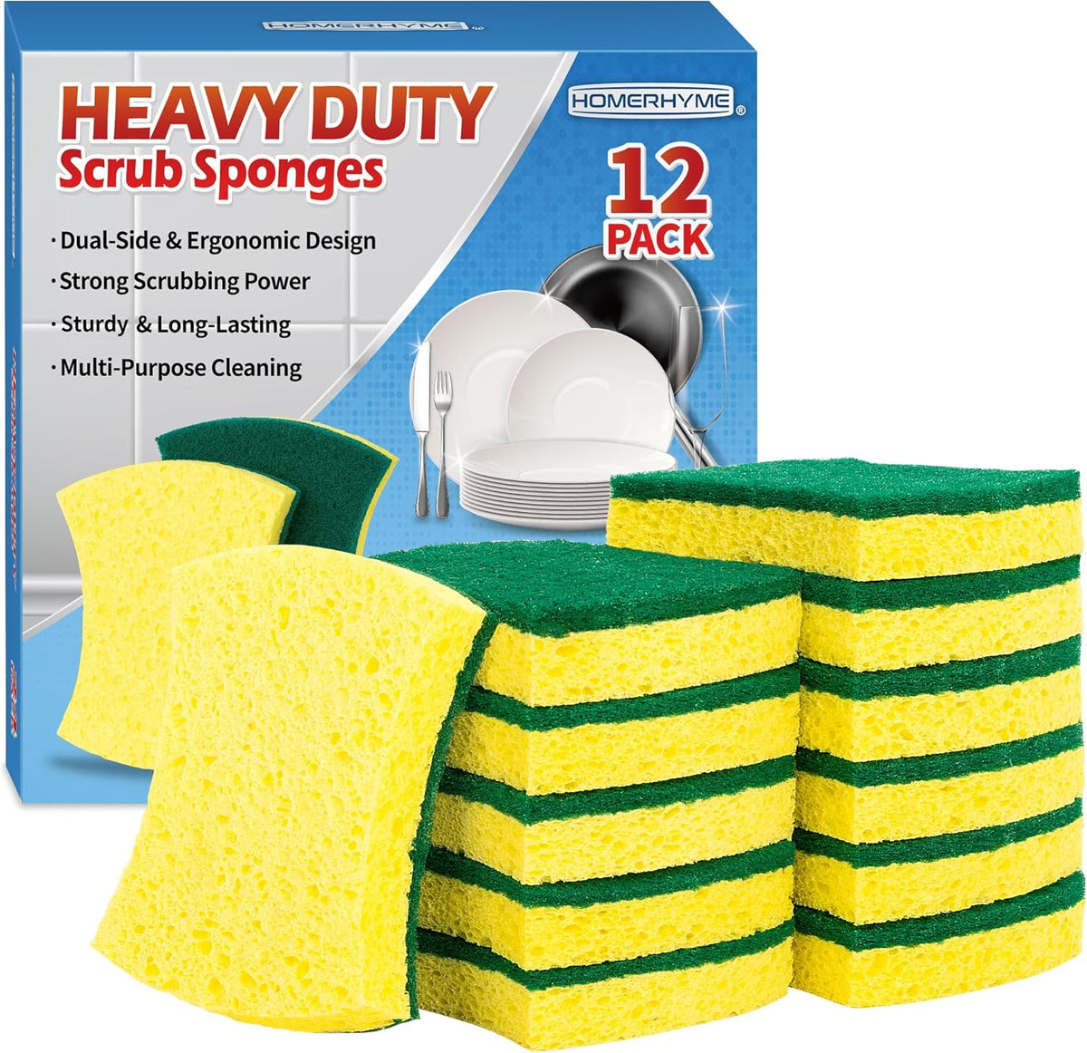 HOMERHYME Heavy Duty Cellulose Scrub Sponges, 12 Pack Dual-Sided Multipurpose Kitchen Sponge for Dishwashing, Uncoated Cookware, Sink, and Countertops