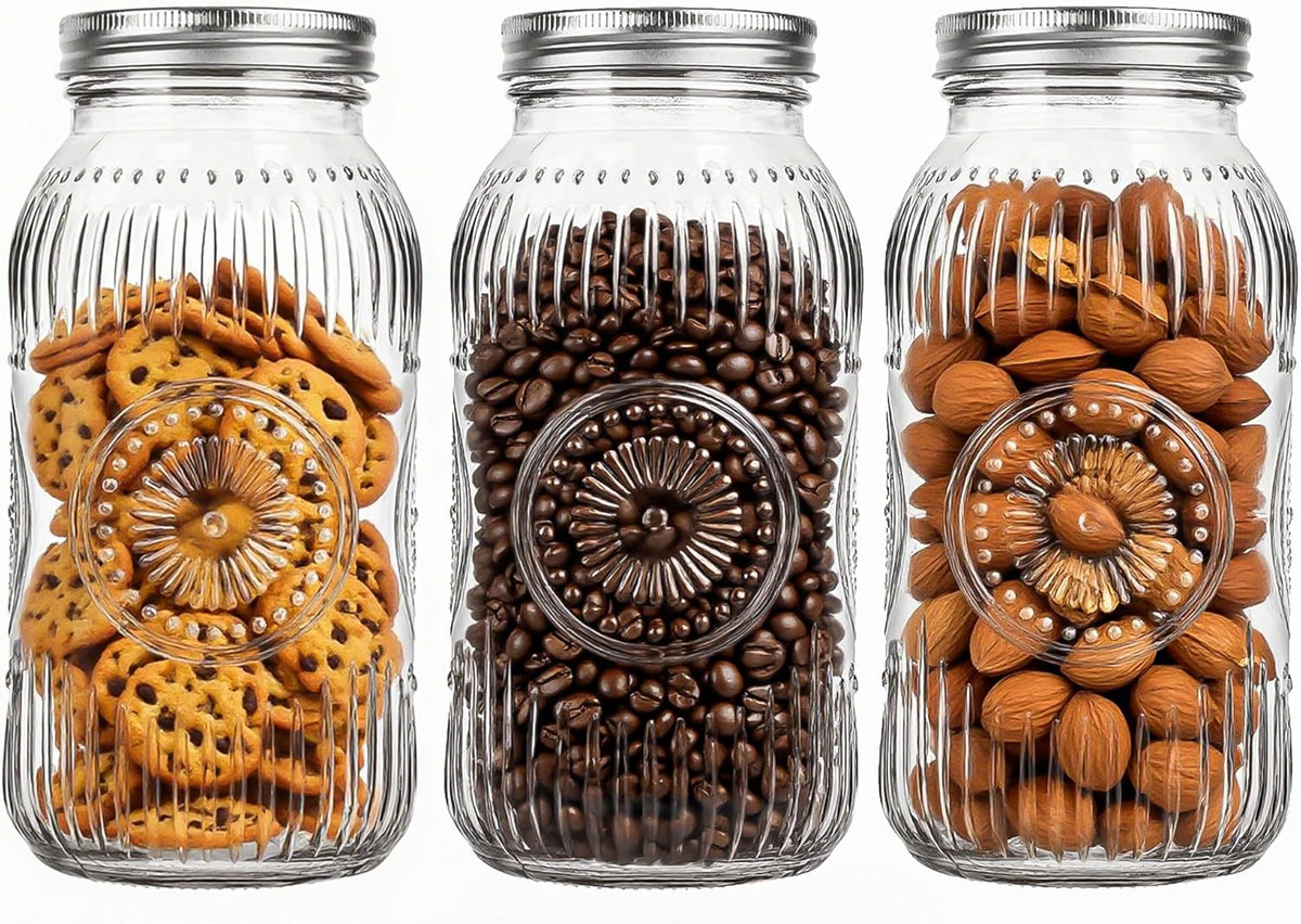 3 Pack Wide Mouth Mason Jars 64 oz - Large Half Gallon Glass Mason Jars with Airtight Lids and Bands for Pickling, Canning, Fermenting and Food Storage, Microwave & Dishwasher Safe