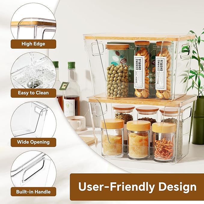 Criusia 2 Large and 2 Small Pantry Organizers and Storage with Bamboo Lids, Stackable Clear Bins for Onion, Potato, Fruit, Vegetables, Trash Bag Dispenser, Kitchen and Under Sink Organizer
