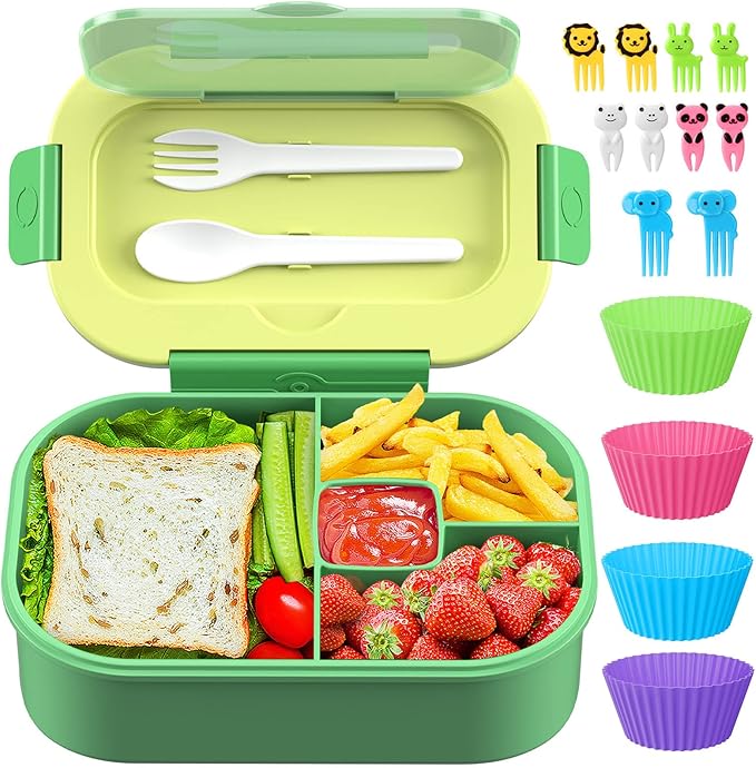 Bento Lunch Box Leakproof 44oz Kids Lunch Box Containers with 4 Compartment, Bento-Style Lunch Bento Box with Cutlery, Reusable Kid Back to School Meal/Snack Packing BPA Free (Green)