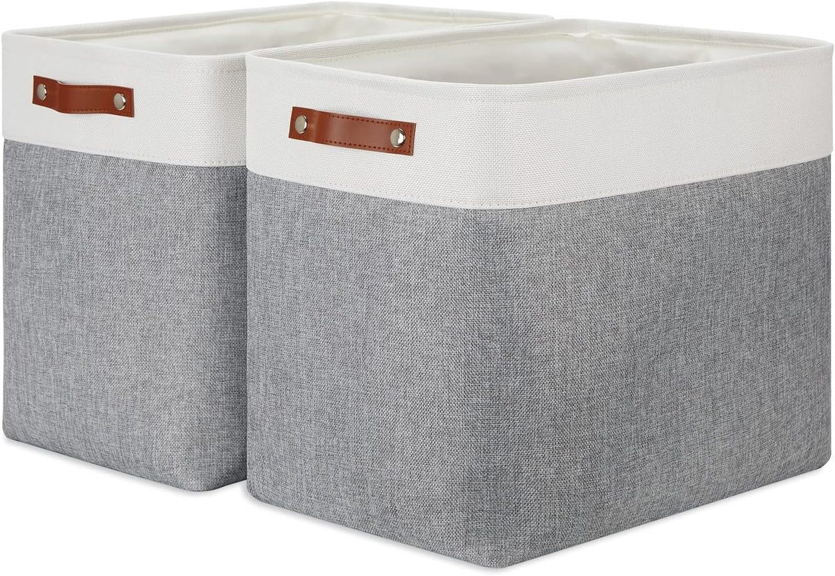 DULLEMELO Extra Large Storage Baskets, Fabric Storage Bins for Organizing Shelves Nursery Toys Books, Closet Baskets and Bins with Handles, White&Grey, 2-Pack