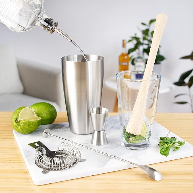 True 7-Piece Barware Set for Mixed Drinks and Cold Brew Cocktails, Includes Boston Cocktail Shaker Tin, Mixing Glass, Jigger, Muddler, Strainer, Bar Spoon, Pour Spout for Home Bar, Bartender Gifts