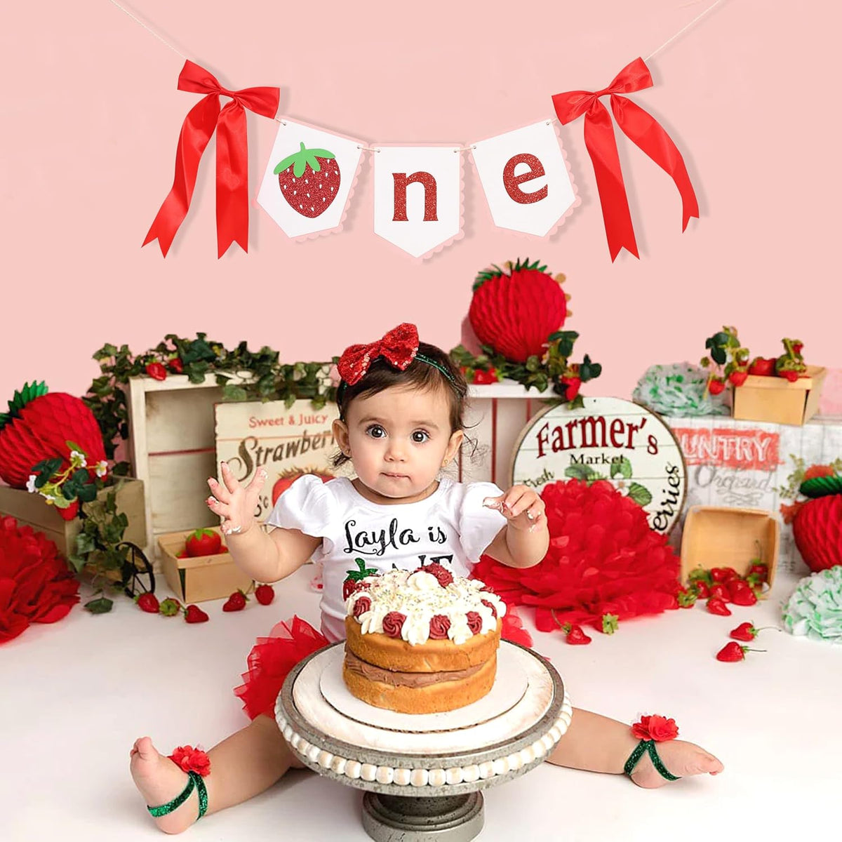 Strawberry First Birthday High Chair Banner - Strawberry Berry One 1st Birthday Highchair,Fruit Themed 1st Party Decorations,Sweet One Highchair Banner (Strawberry one banner)