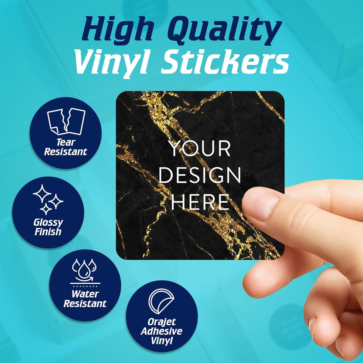 100 Custom Vinyl Stickers - Upload Your own Image, Text, Design, Logo - Personalized Logo Labels for Handmade, Packaging, Bottle, Jars, Candle, Brand Stickers (Black Gold Marble, 3x3 Square)