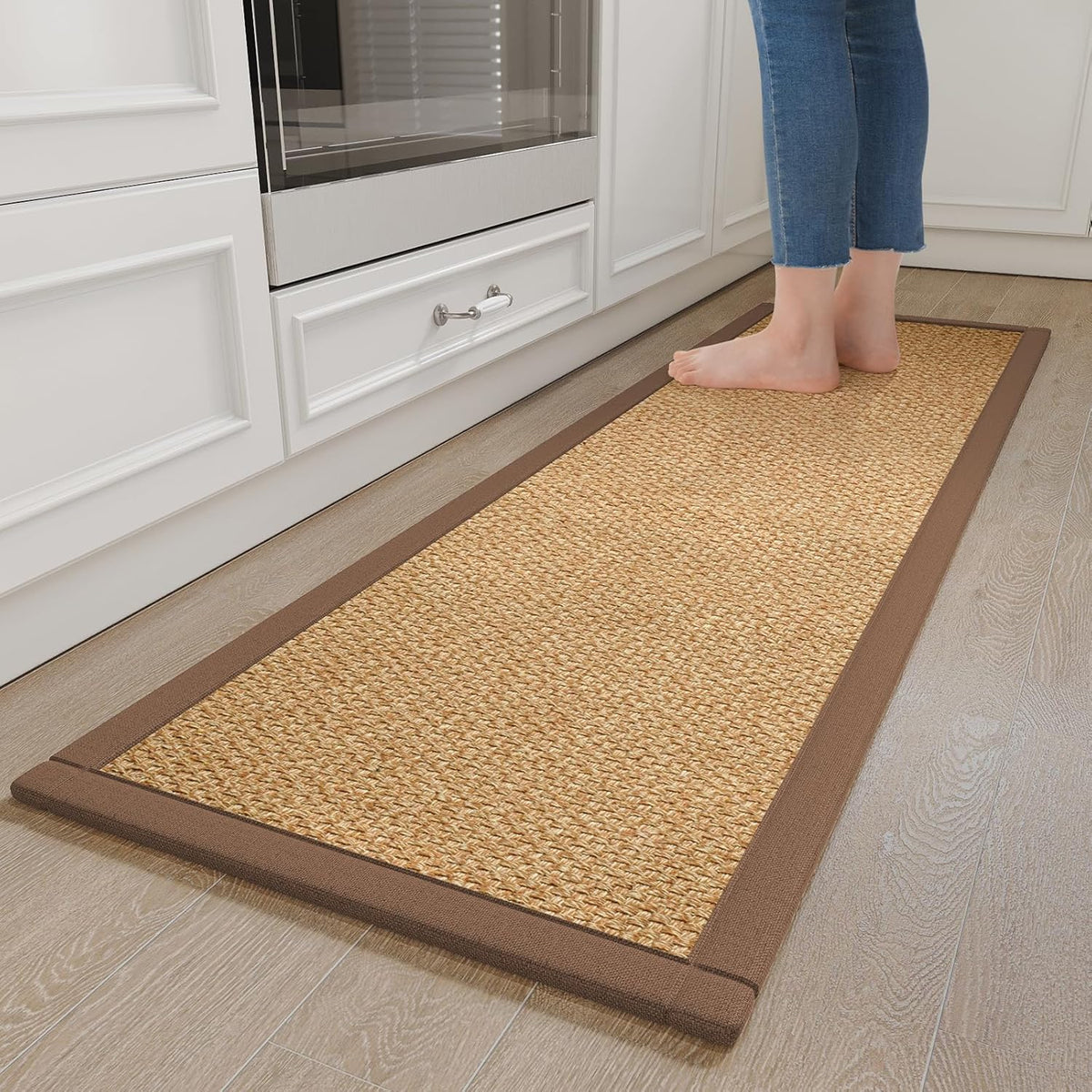 Kitchen Runner Rugs Non Slip Washable Anti Fatigue, Super Absorbent Long Cushioned Kitchen Mats for Floor, Jute-Look Woven Sink Mat Standing Mat for Floor, Office, Laundry, Brown 17"x59"
