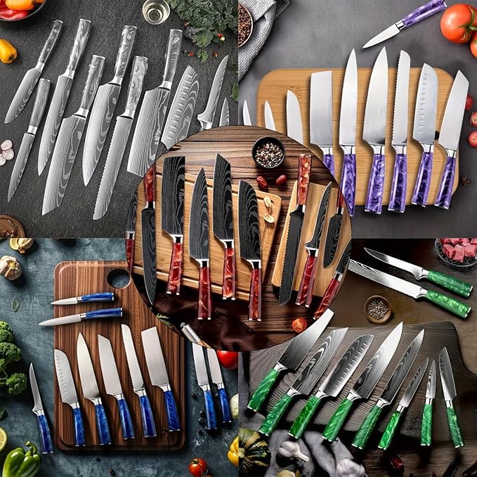 10-Piece Premium Japanese Kitchen Knife Set - Imperial Collection, Laser Damascus Pattern, 440A Stainless Steel Ultra Sharp for Fast Cutting (Green)