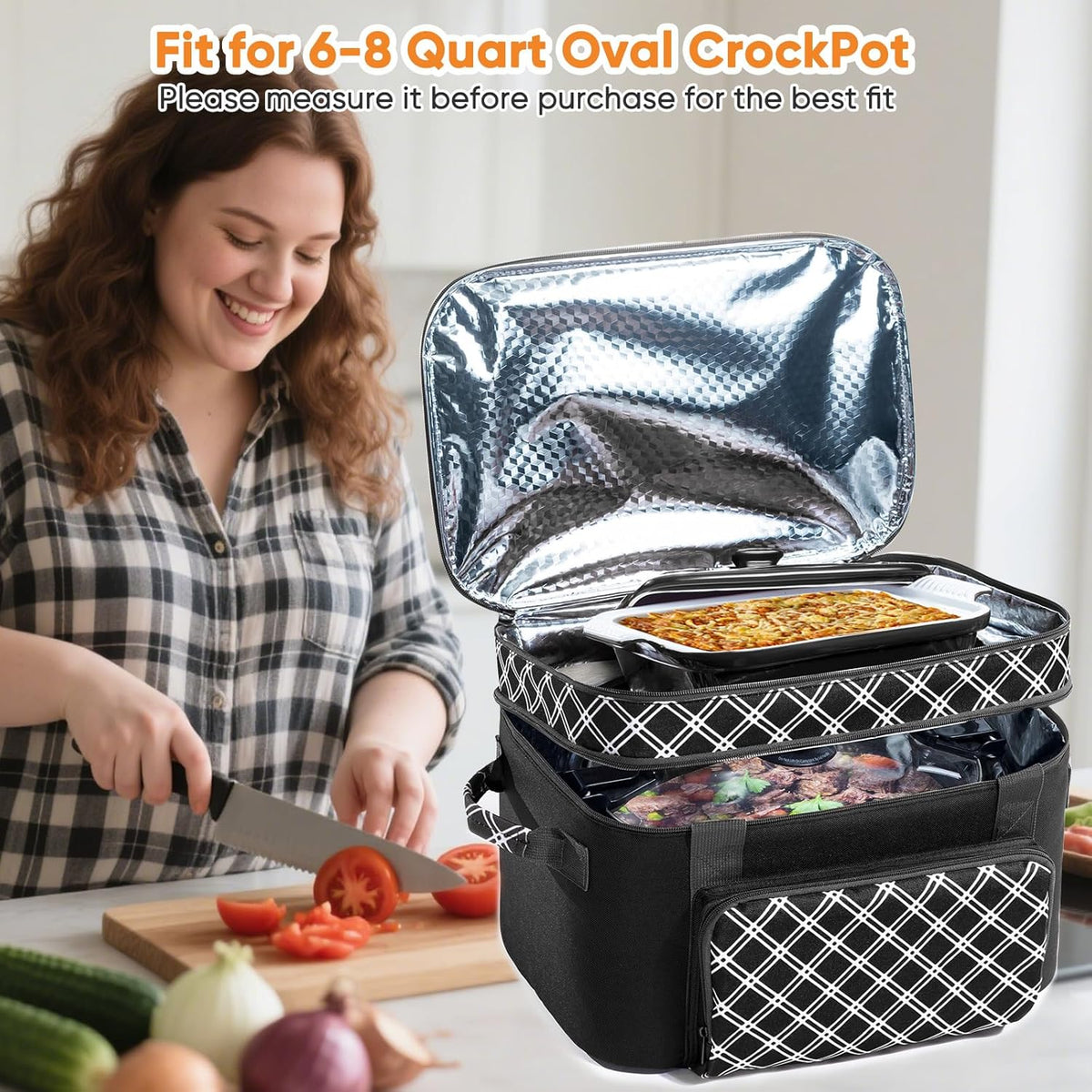Double Layer Slow Cooker Carrier Bag – Fits 6–8 Qt Oval Slow Cooker Compatible with CrockPot & Hamilton Beach | Insulated Travel Tote with Utensil Storage & Adjustable Straps