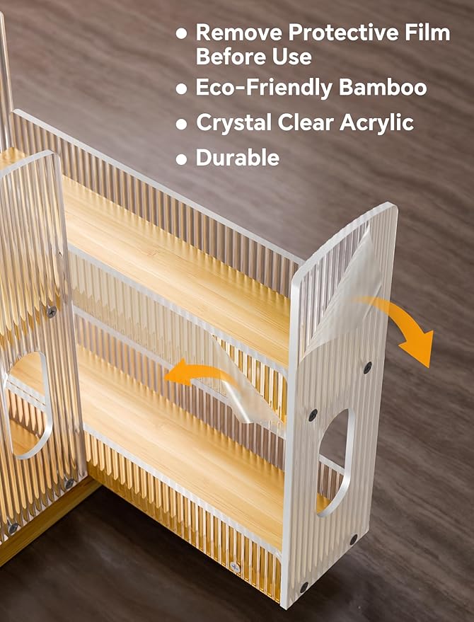 NiHome Bamboo Spice Rack Organizer for Cabinet, 3 Drawer Vertical Pull-Out Storage With Corrugated Acrylic Dividers, Two-Tier Design With Full-Extension Ball Bearing Slides (8.5 Inch Width)